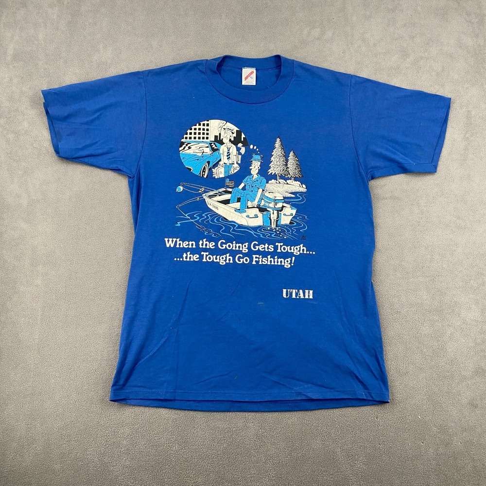 Vintage Jerzees T Shirt Mens XL Blue Fisherman Cartoon When the Going Gets Tough